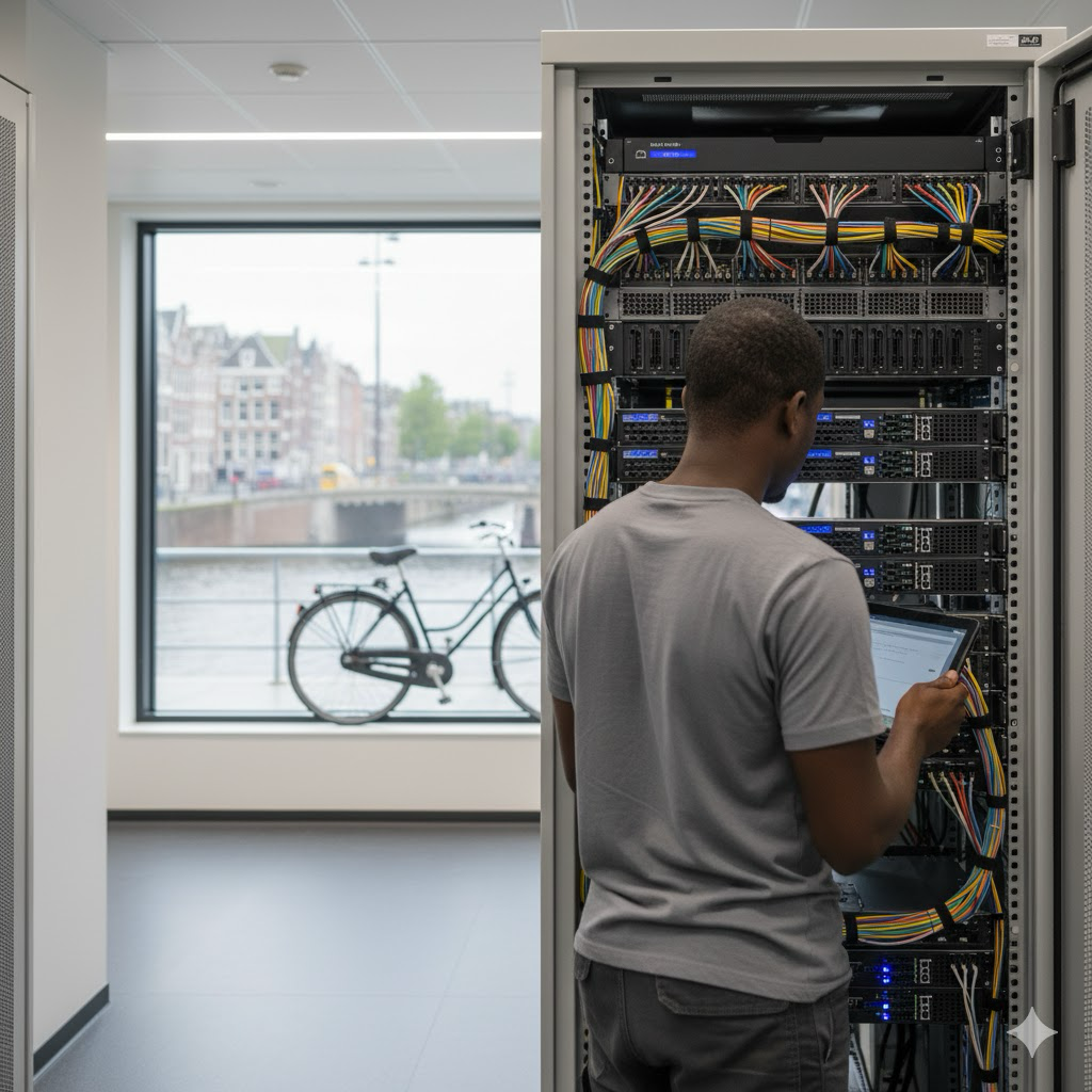 Amsterdam Smart Hands engineer working on structured rack infrastructure in Amsterdam.